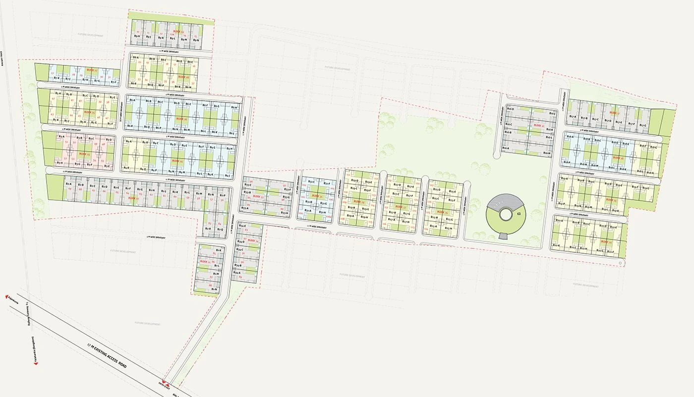 After the Rain master plan Master plan of After the Rain with rows of villas, driveways and landscaped green spaces