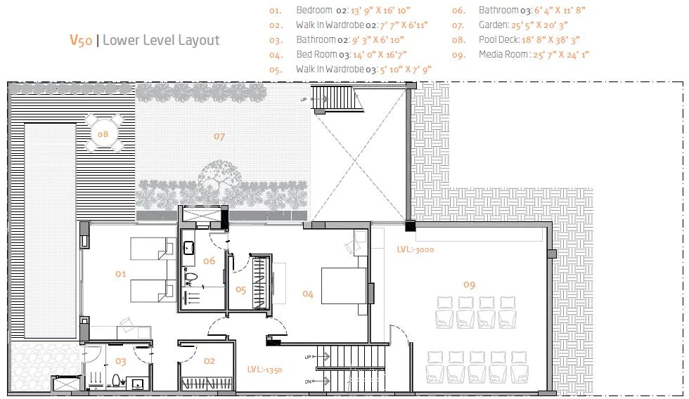 V50 villa lower level plan with two bedroom suites, a media room, a garden and a pool deck