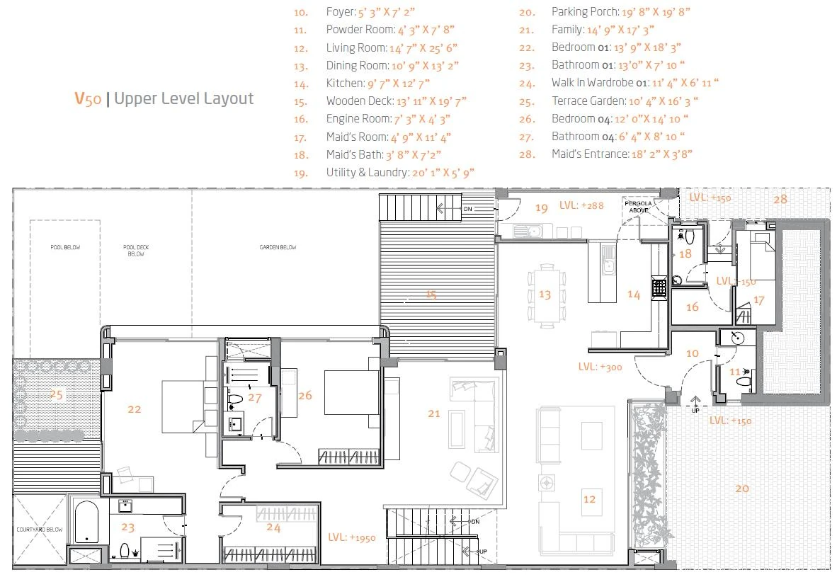 V50 villa upper level plan with foyer, living and dining room, kitchen, wooden deck, family room and two bedroom suites